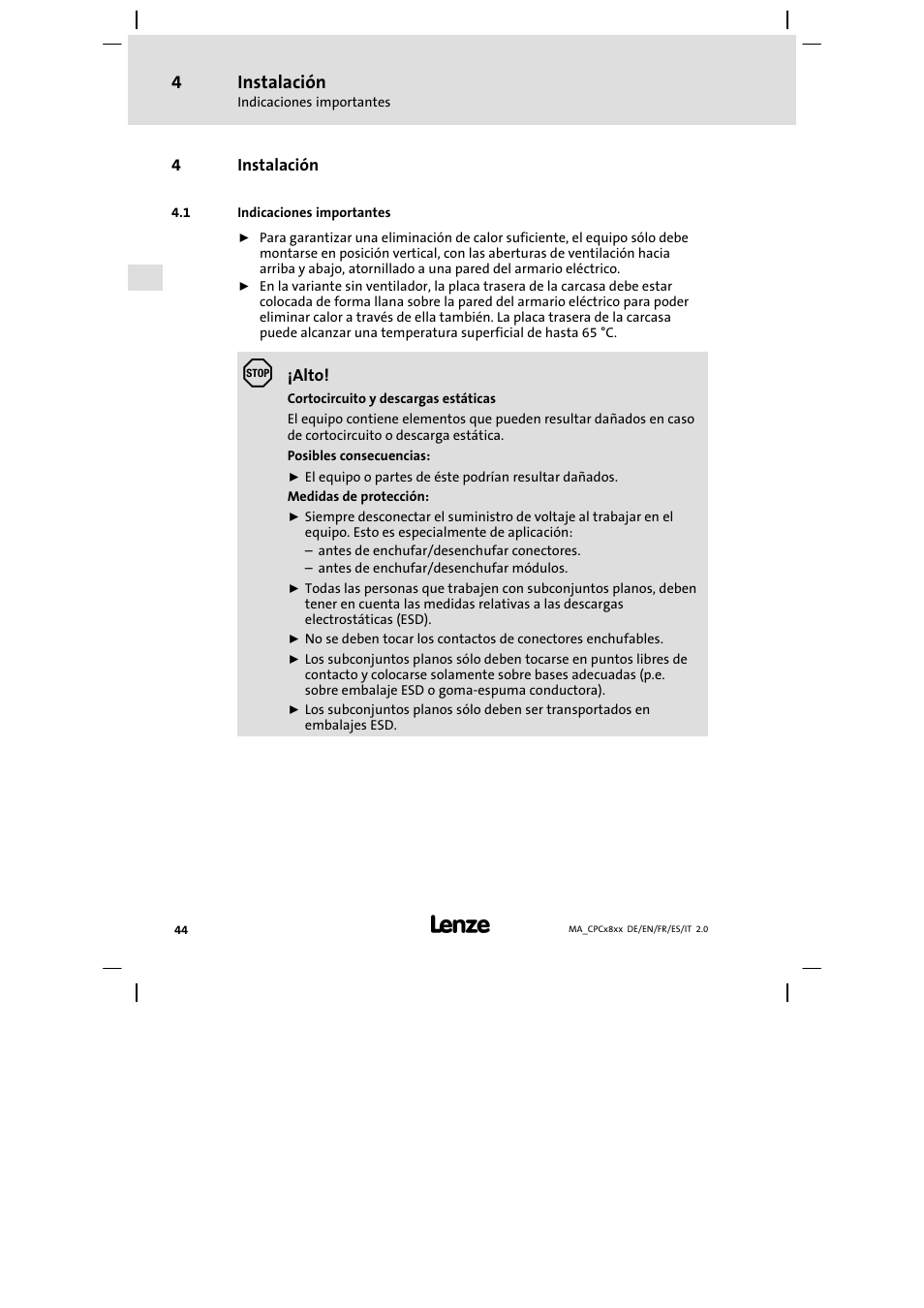 Instalación, Indicaciones importantes | Lenze CPC 2800 Mounting Instructions User Manual | Page 44 / 59