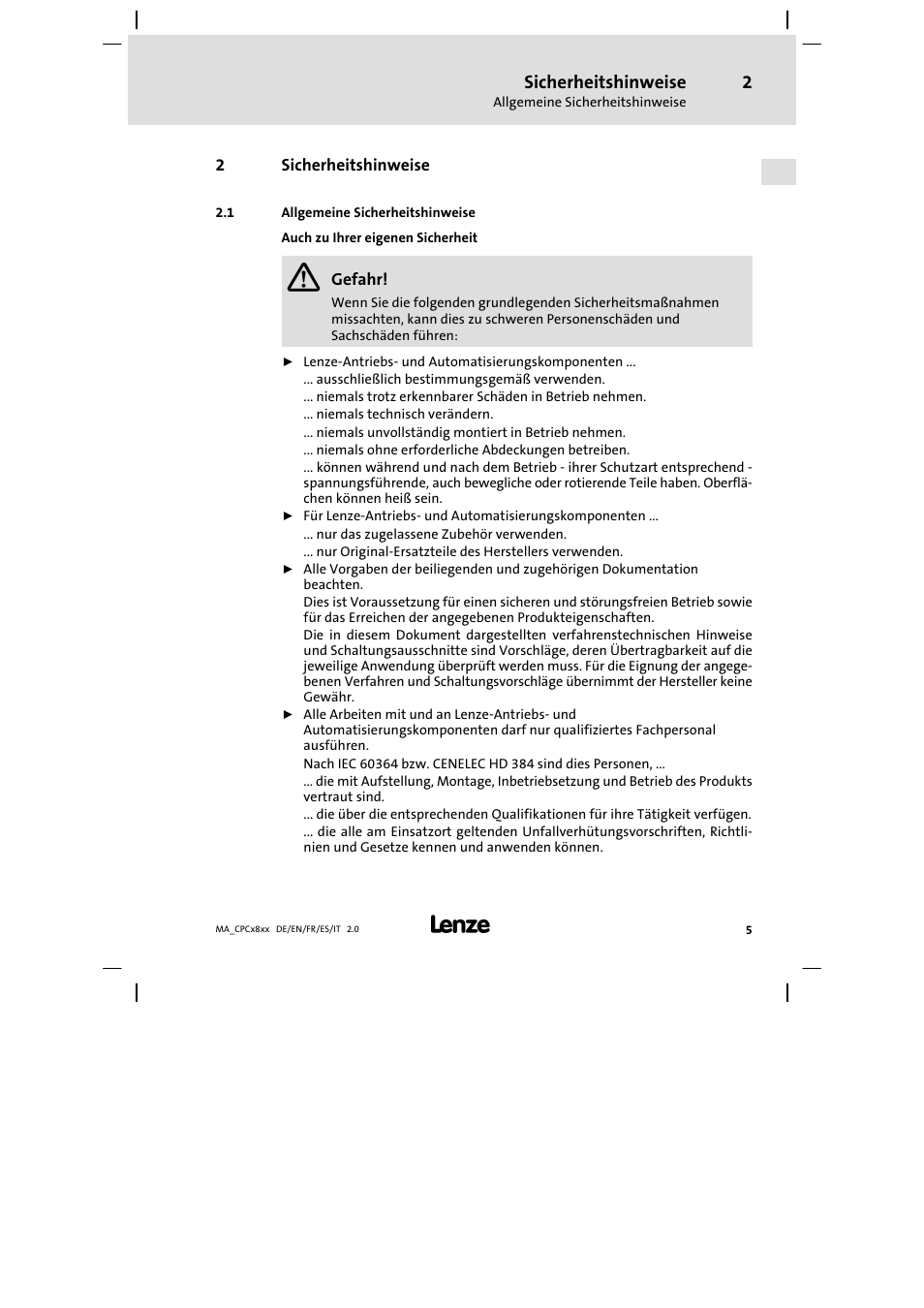 Sicherheitshinweise, Allgemeine sicherheitshinweise | Lenze CPC 2800 Mounting Instructions User Manual | Page 5 / 59