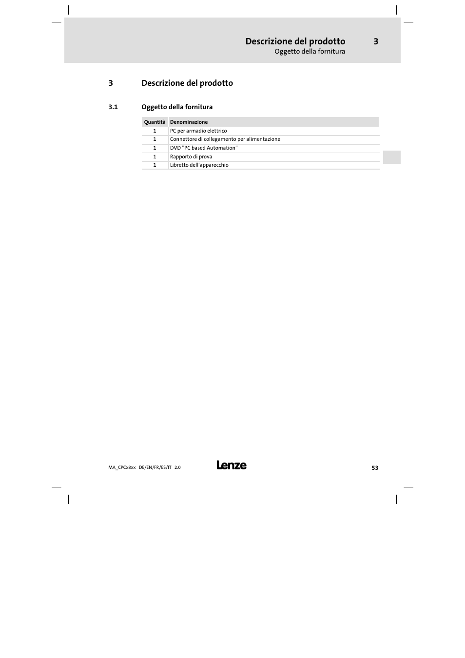 Descrizione del prodotto, Oggetto della fornitura | Lenze CPC 2800 Mounting Instructions User Manual | Page 53 / 59