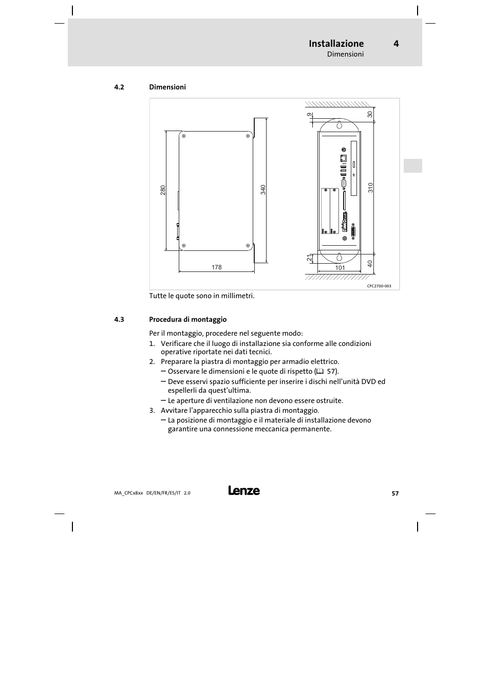 Dimensioni, Procedura di montaggio, Installazione | Lenze CPC 2800 Mounting Instructions User Manual | Page 57 / 59