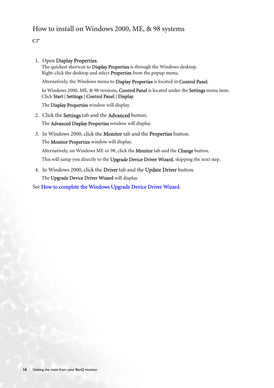 How to install on windows 2000, me, & 98 systems | BenQ FP71V+ User Manual | Page 16 / 38