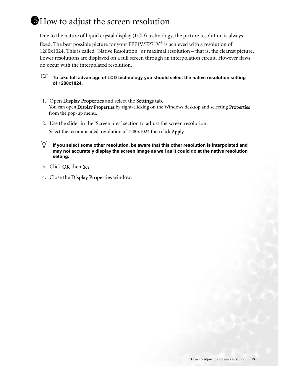 How to adjust the screen resolution | BenQ FP71V+ User Manual | Page 19 / 38