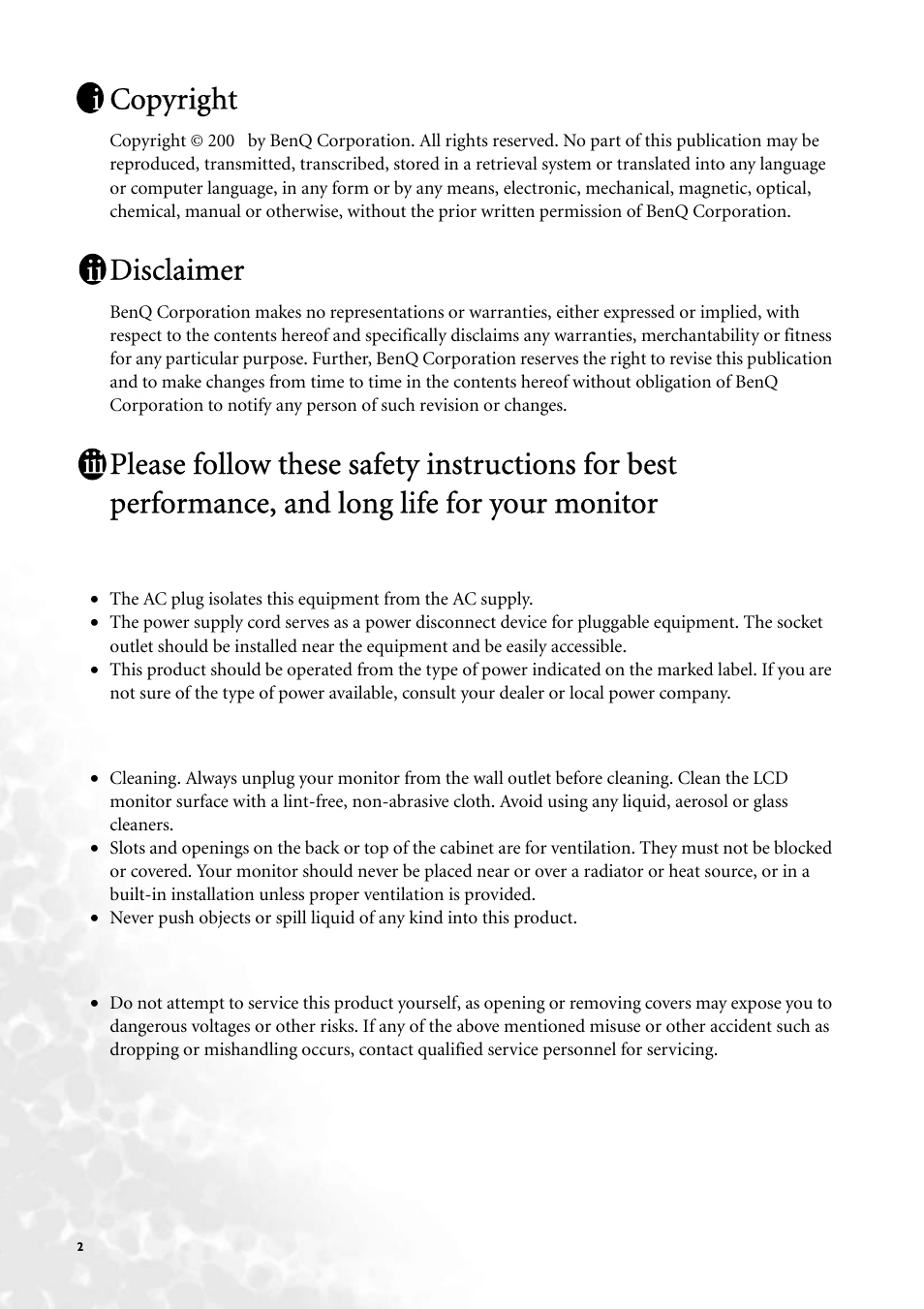 Copyright, Disclaimer, Power safety | Care and cleaning, Servicing | BenQ FP71V+ User Manual | Page 2 / 38