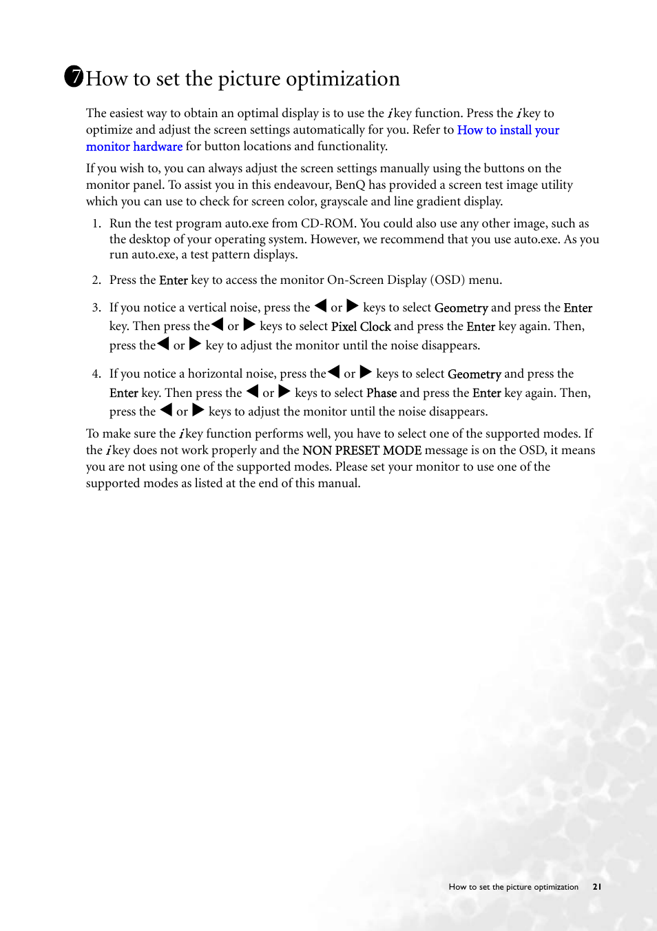 How to set the picture optimization | BenQ FP71V+ User Manual | Page 21 / 38
