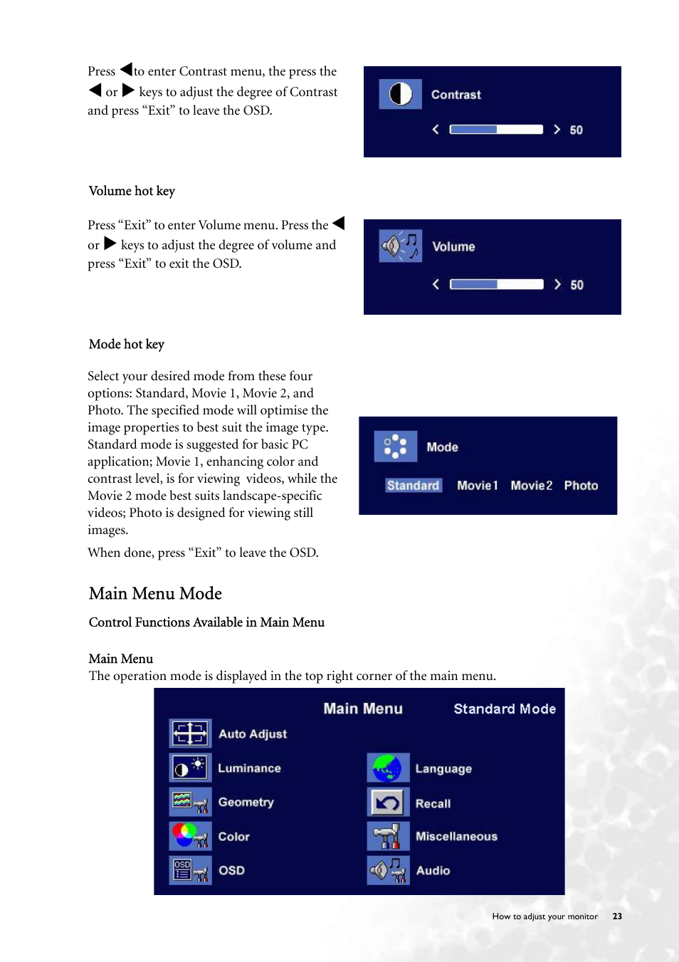 Main menu mode | BenQ FP71V+ User Manual | Page 23 / 38