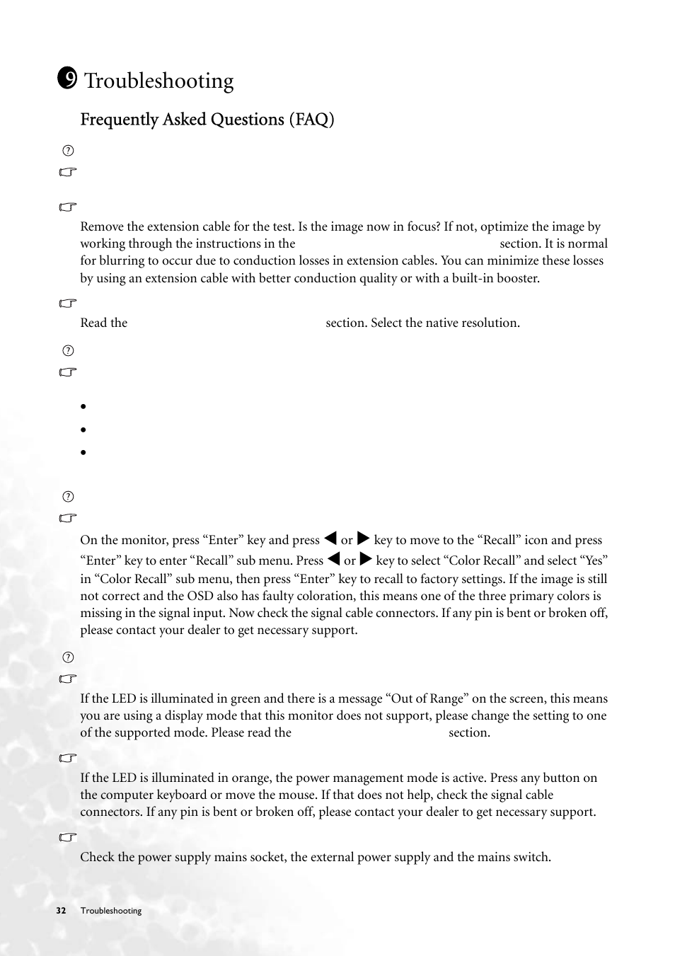 Troubleshooting, Frequently asked questions (faq) | BenQ FP71V+ User Manual | Page 32 / 38