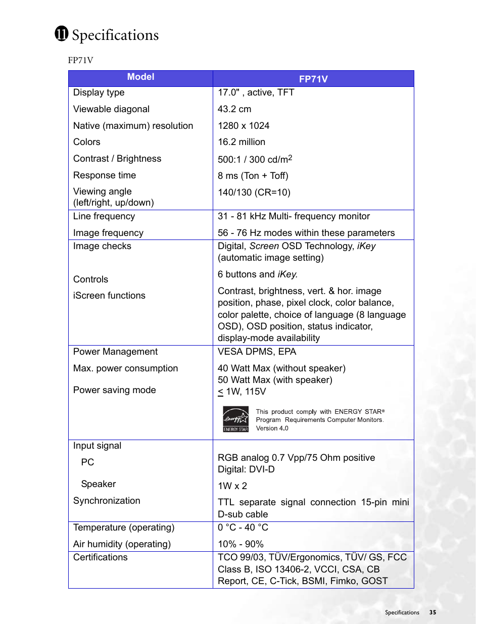 Specifications, Fp71v | BenQ FP71V+ User Manual | Page 35 / 38
