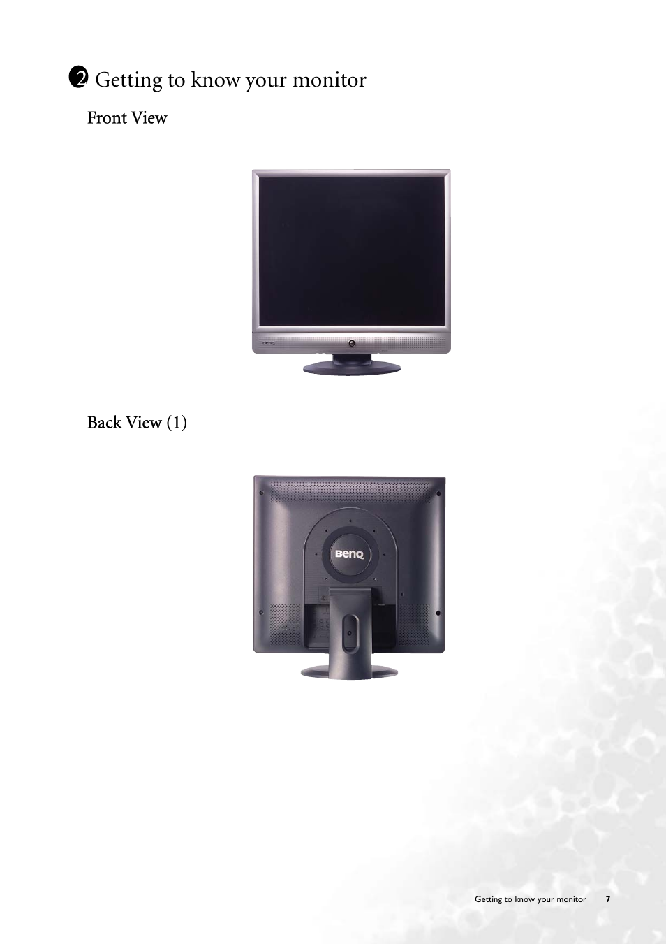 Getting to know your monitor, Front view, Back view (1) | BenQ FP71V+ User Manual | Page 7 / 38