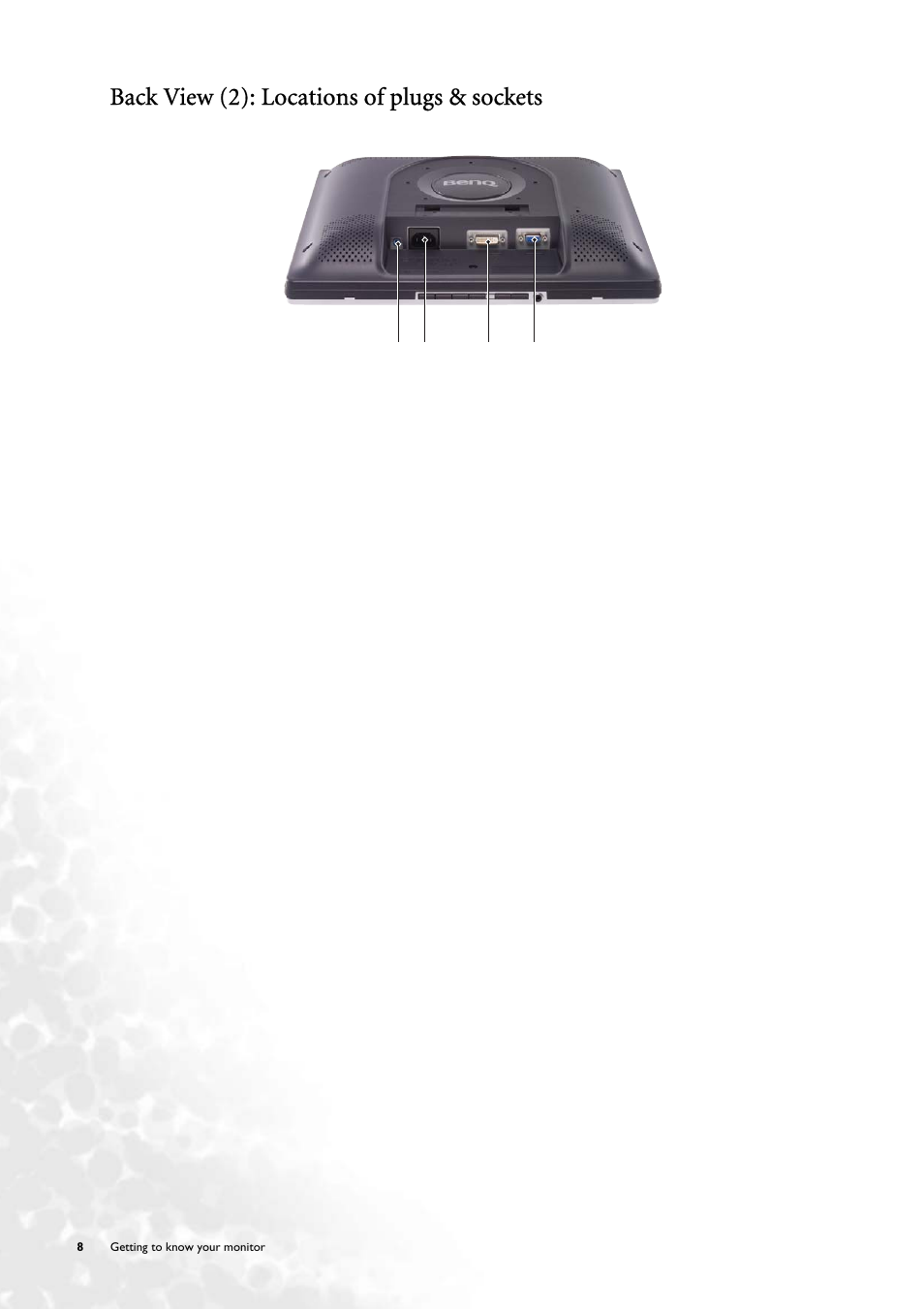 Back view (2): locations of plugs & sockets | BenQ FP71V+ User Manual | Page 8 / 38