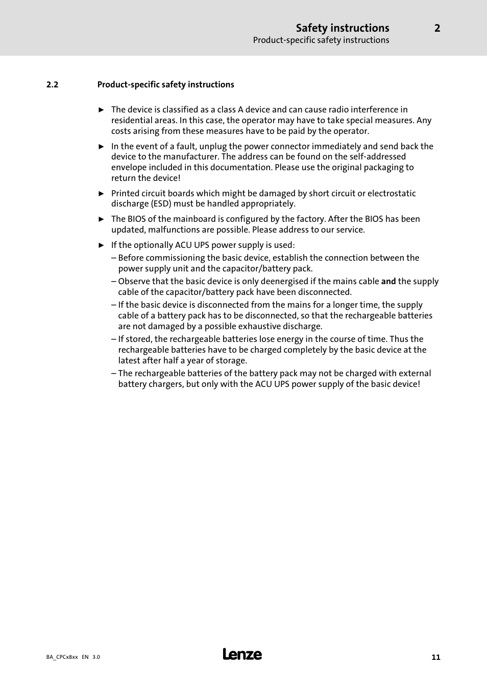 Product-specific safety instructions, Product−specific safety instructions, Safety instructions | Lenze CPC 2800 Operating Instructions User Manual | Page 11 / 39