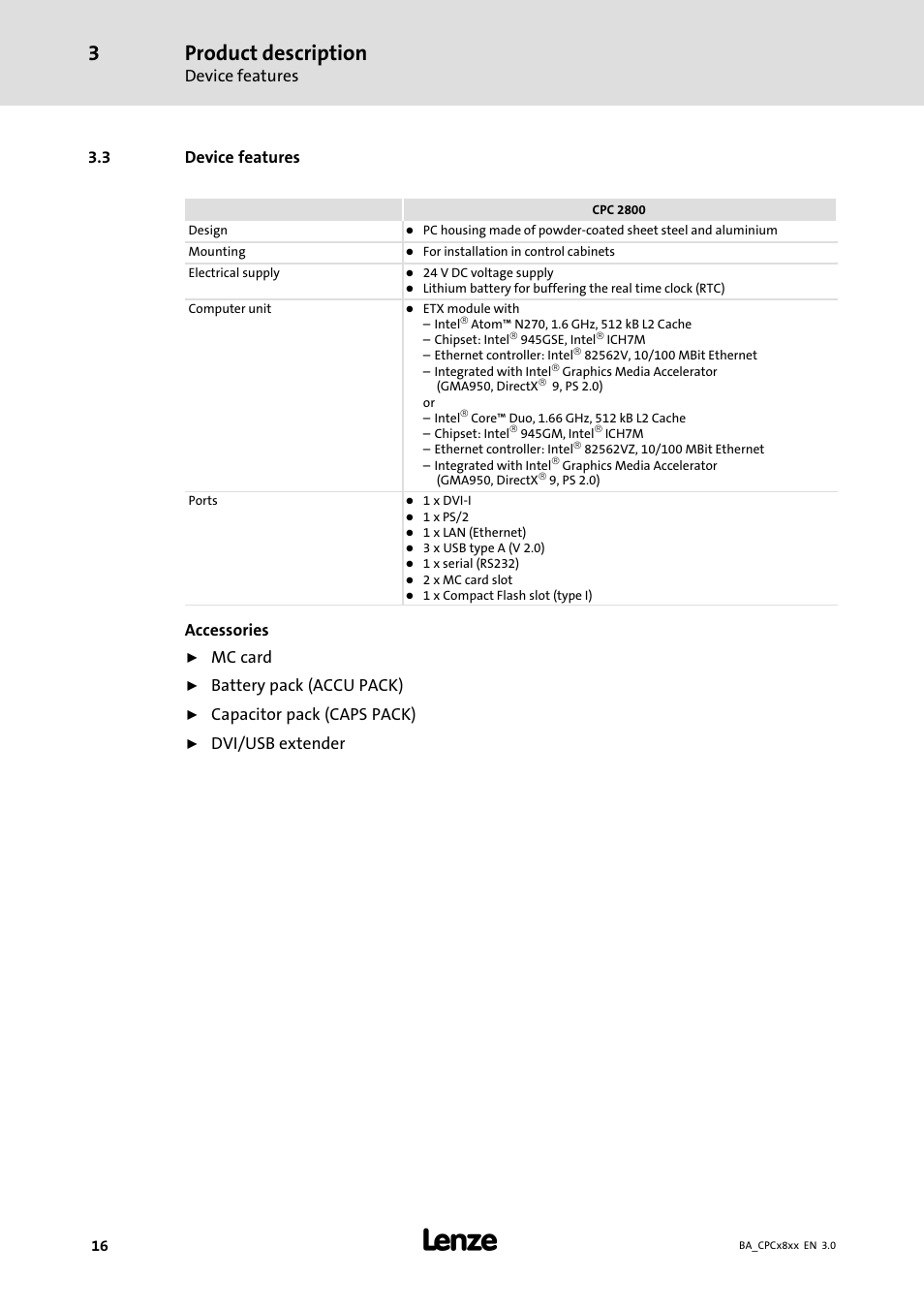 Device features, Product description, 3 device features | Accessories, Mc card, Battery pack (accu pack), Capacitor pack (caps pack), Dvi/usb extender | Lenze CPC 2800 Operating Instructions User Manual | Page 16 / 39