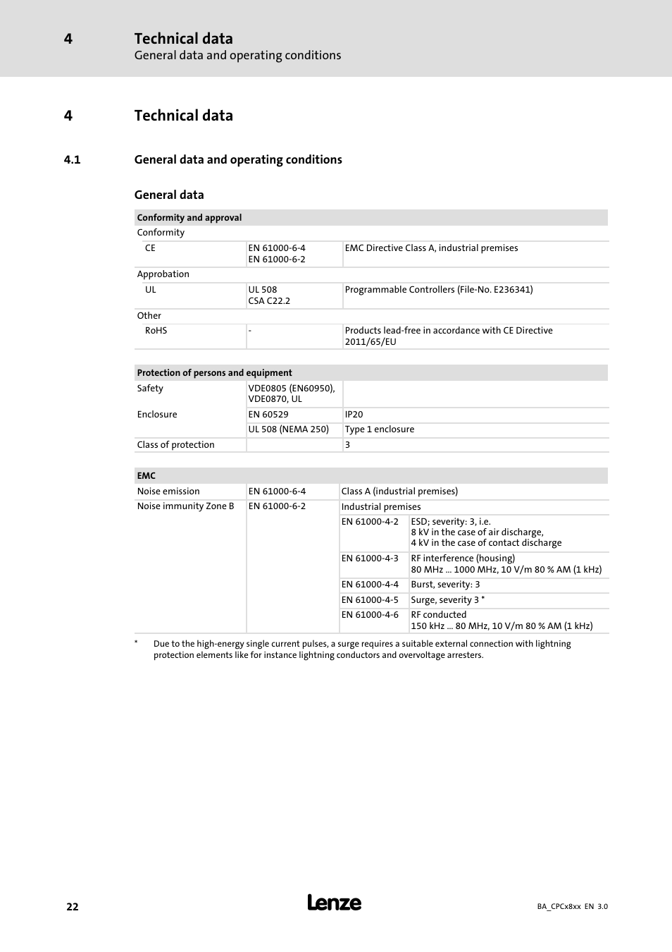 Technical data, General data and operating conditions, 4technical data | Lenze CPC 2800 Operating Instructions User Manual | Page 22 / 39
