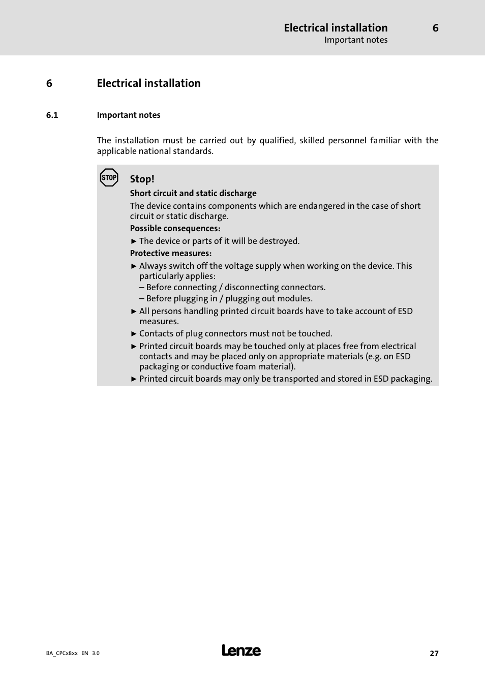 Electrical installation, Important notes | Lenze CPC 2800 Operating Instructions User Manual | Page 27 / 39