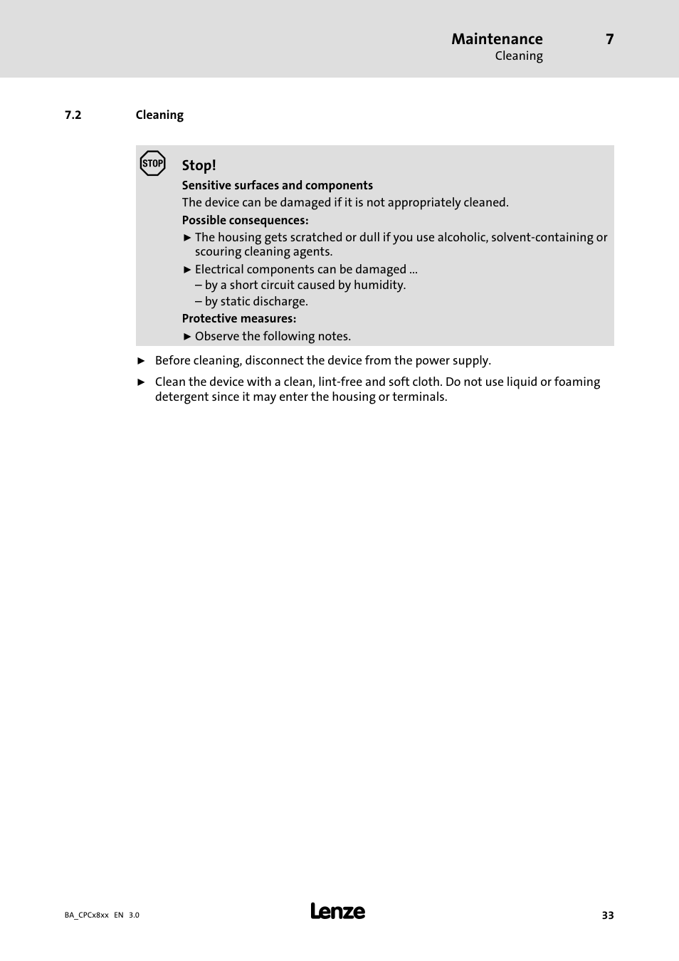 Cleaning | Lenze CPC 2800 Operating Instructions User Manual | Page 33 / 39