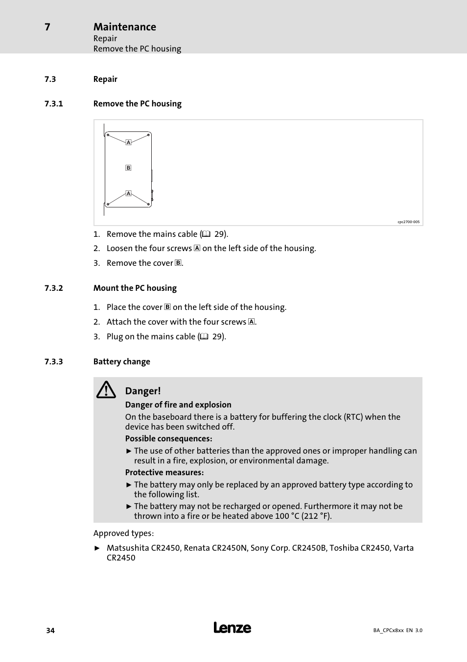 Repair, Remove the pc housing, Mount the pc housing | Battery change, Maintenance | Lenze CPC 2800 Operating Instructions User Manual | Page 34 / 39