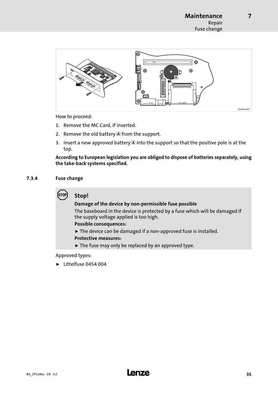 Fuse change, Maintenance, Stop | Repair fuse change | Lenze CPC 2800 Operating Instructions User Manual | Page 35 / 39