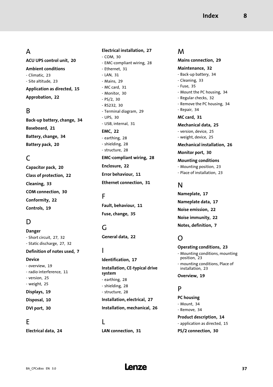 Index, Index 8 | Lenze CPC 2800 Operating Instructions User Manual | Page 37 / 39