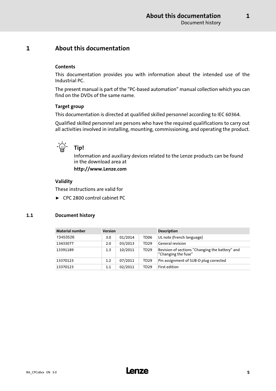 About this documentation, Document history, 1about this documentation | Lenze CPC 2800 Operating Instructions User Manual | Page 5 / 39