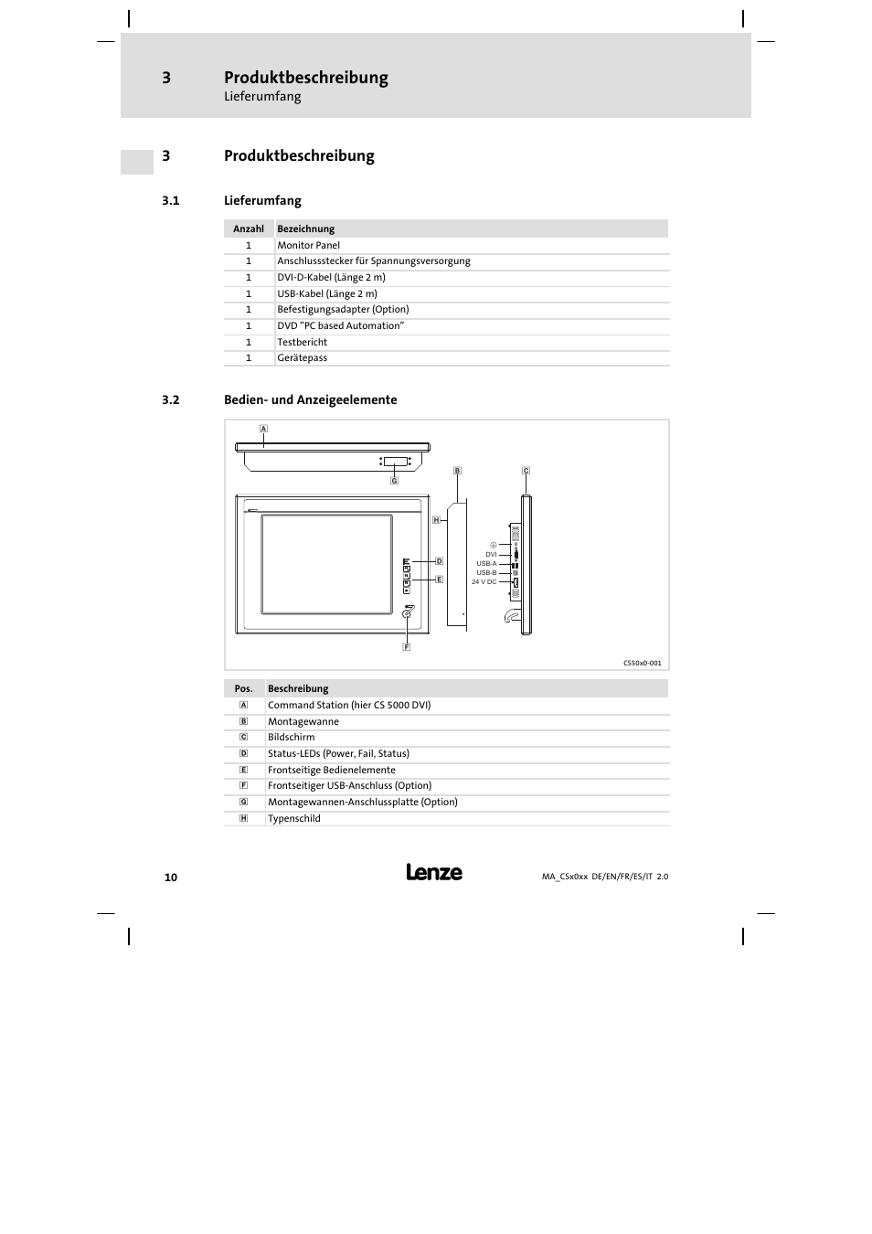 Produktbeschreibung, Lieferumfang, Bedien- und anzeigeelemente | Bedien− und anzeigeelemente, 3produktbeschreibung | Lenze CS 9000 DVI Mounting Instructions User Manual | Page 10 / 86