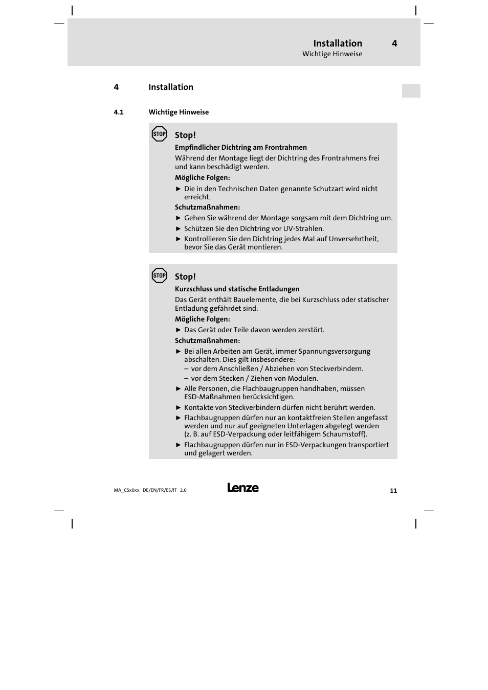 Installation, Wichtige hinweise | Lenze CS 9000 DVI Mounting Instructions User Manual | Page 11 / 86