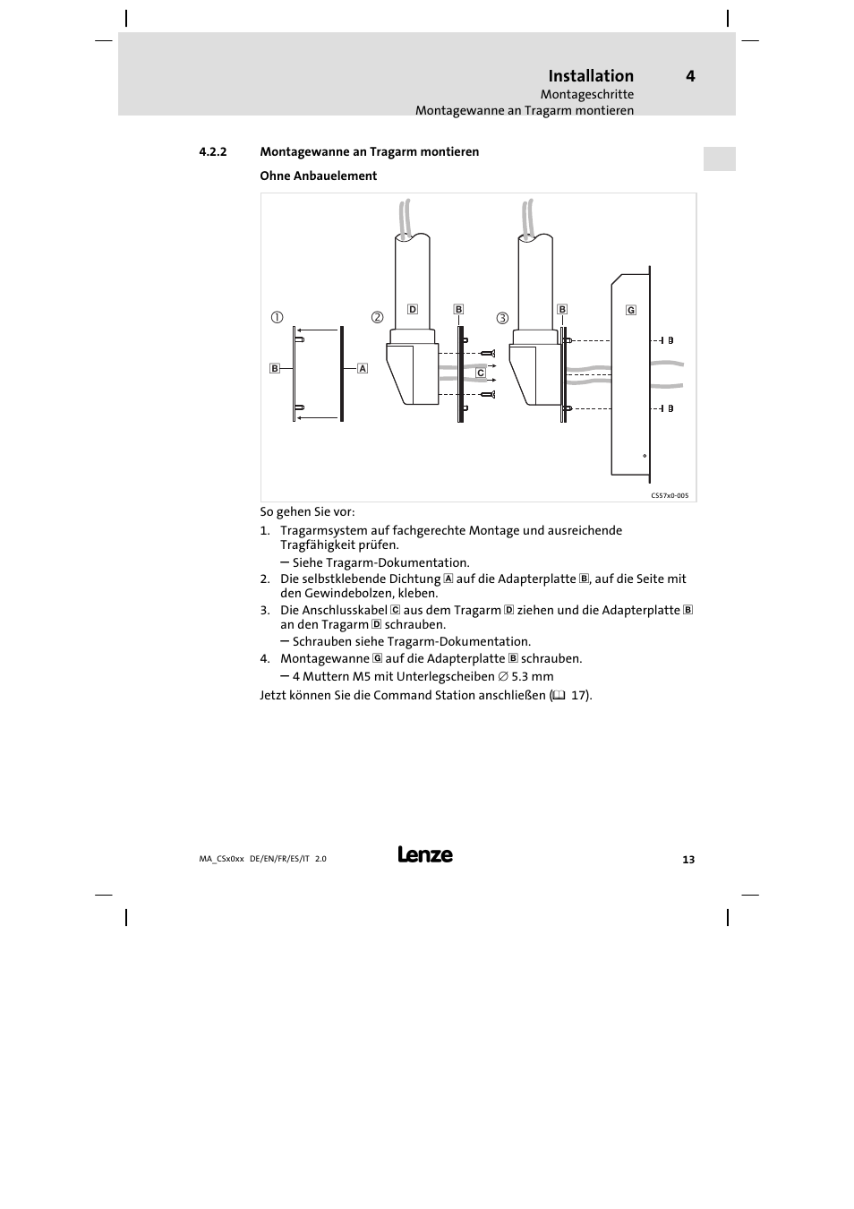 Montagewanne an tragarm montieren, Installation | Lenze CS 9000 DVI Mounting Instructions User Manual | Page 13 / 86