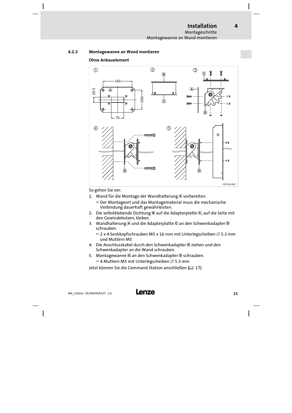 Montagewanne an wand montieren, Installation | Lenze CS 9000 DVI Mounting Instructions User Manual | Page 15 / 86