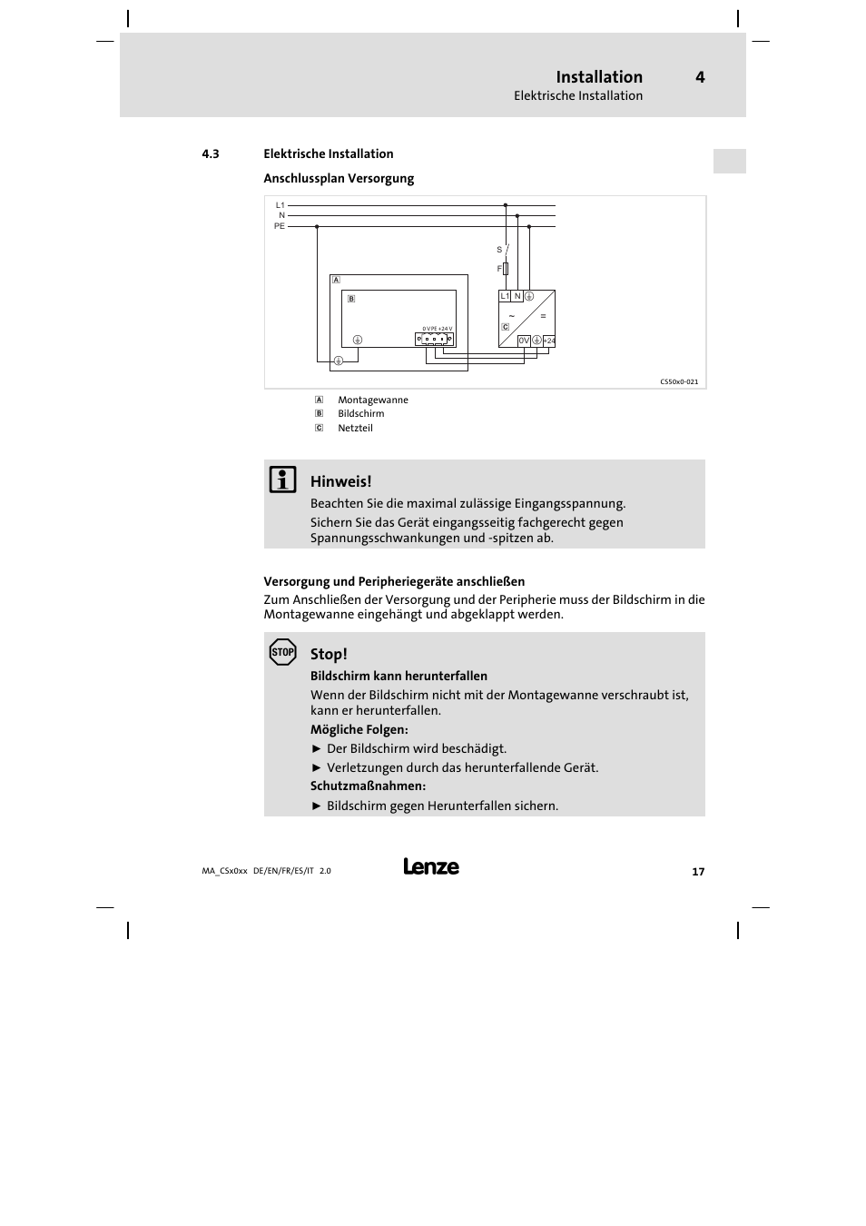 Elektrische installation, Installation, Hinweis | Stop | Lenze CS 9000 DVI Mounting Instructions User Manual | Page 17 / 86