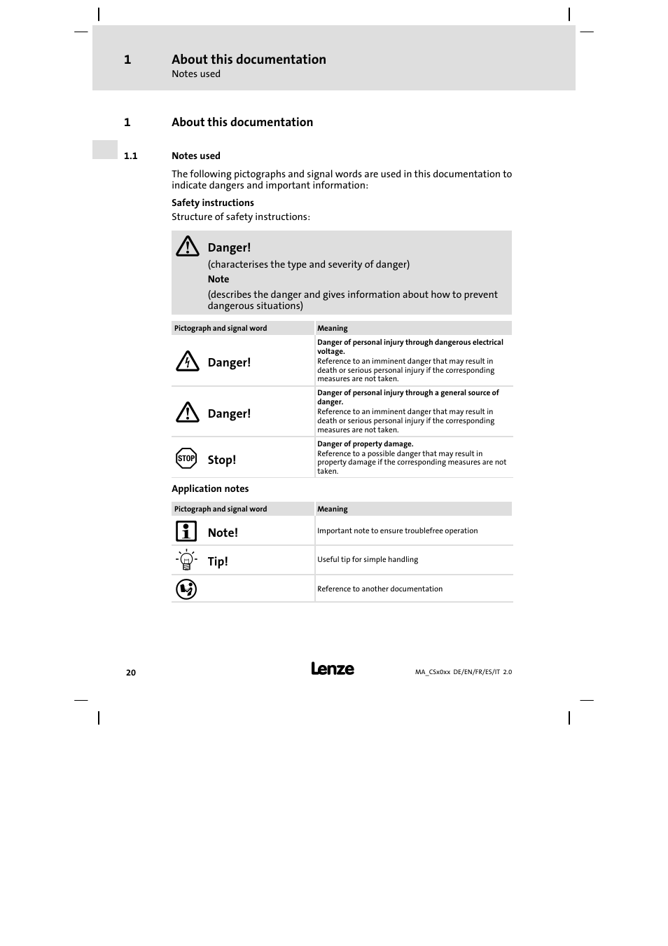 About this documentation, Notes used | Lenze CS 9000 DVI Mounting Instructions User Manual | Page 20 / 86