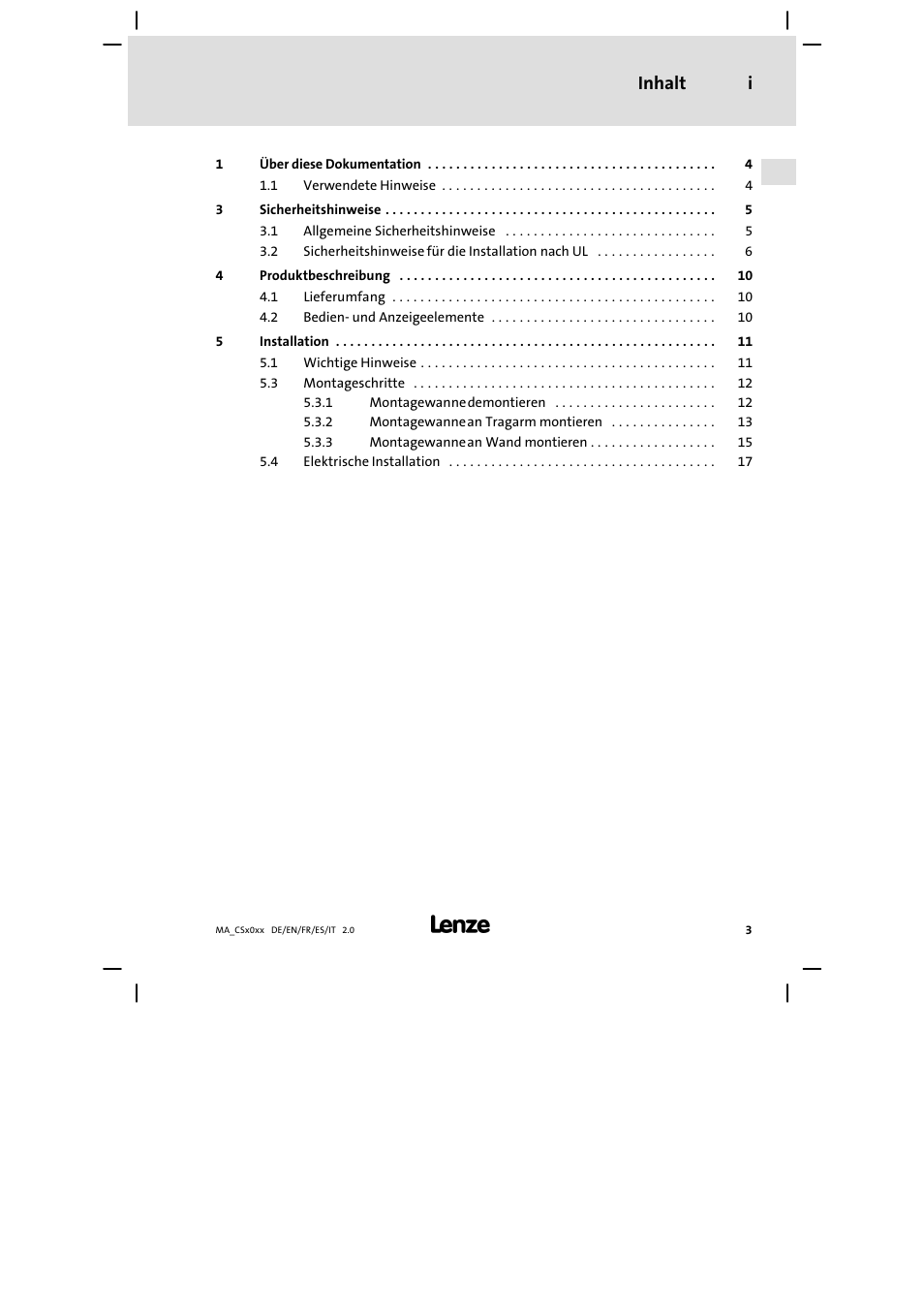 Inhalt, Inhalt i | Lenze CS 9000 DVI Mounting Instructions User Manual | Page 3 / 86