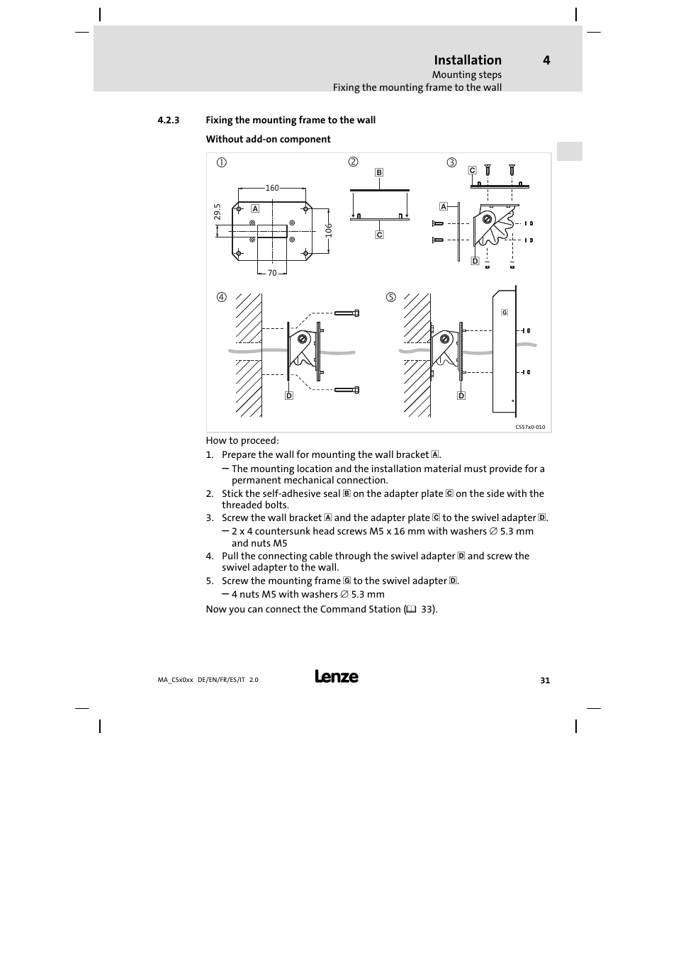 Fixing the mounting frame to the wall, Installation | Lenze CS 9000 DVI Mounting Instructions User Manual | Page 31 / 86