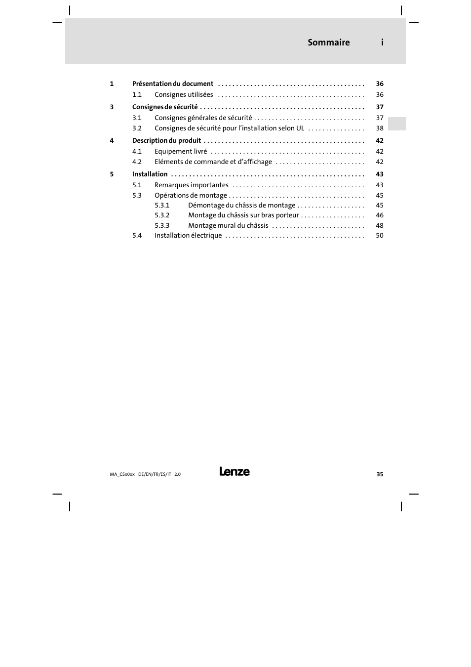 Sommaire, Sommaire i | Lenze CS 9000 DVI Mounting Instructions User Manual | Page 35 / 86