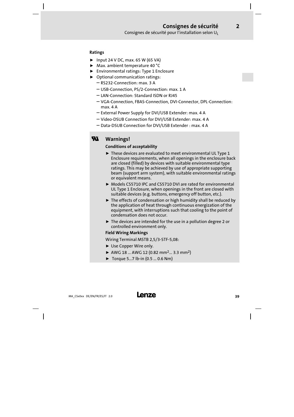 Consignes de sécurité | Lenze CS 9000 DVI Mounting Instructions User Manual | Page 39 / 86