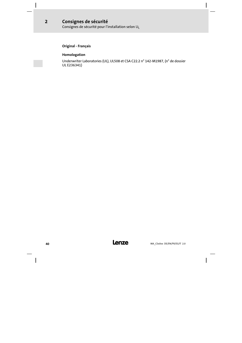 Consignes de sécurité | Lenze CS 9000 DVI Mounting Instructions User Manual | Page 40 / 86