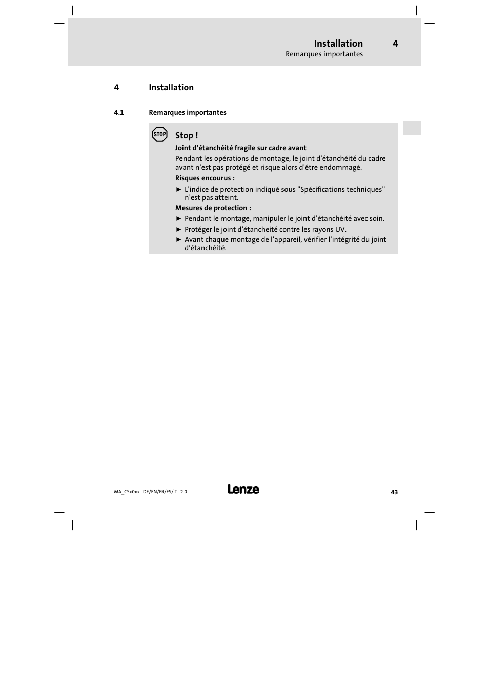 Installation, Remarques importantes | Lenze CS 9000 DVI Mounting Instructions User Manual | Page 43 / 86