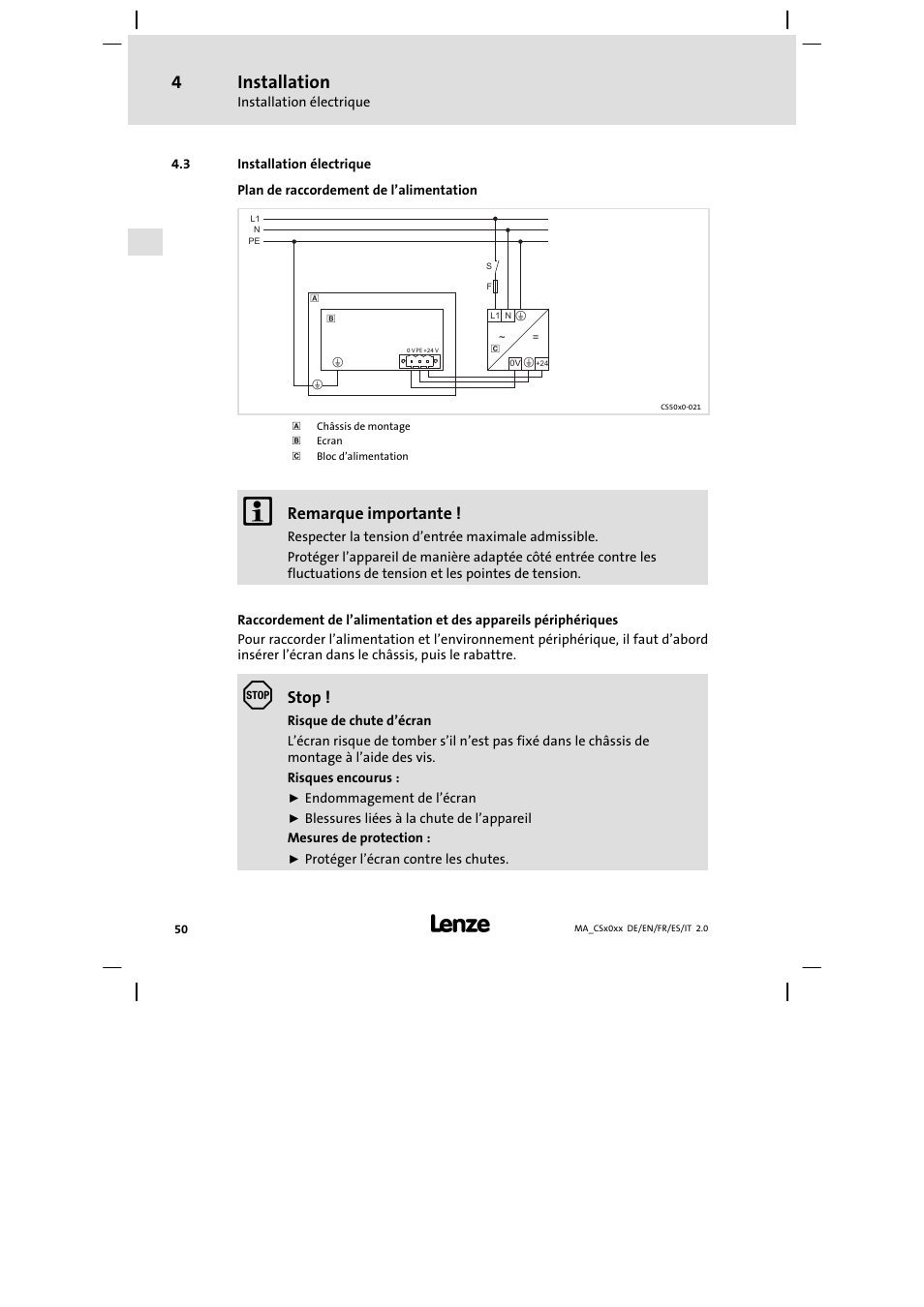 Installation électrique, Installation, Remarque importante | Stop | Lenze CS 9000 DVI Mounting Instructions User Manual | Page 50 / 86
