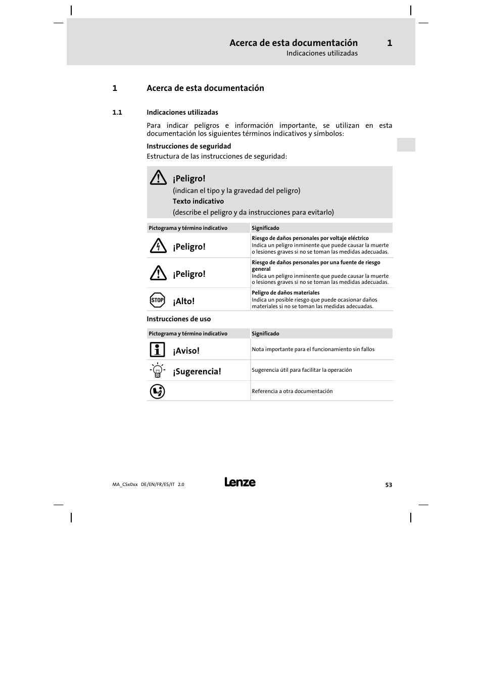 Acerca de esta documentación, Indicaciones utilizadas | Lenze CS 9000 DVI Mounting Instructions User Manual | Page 53 / 86