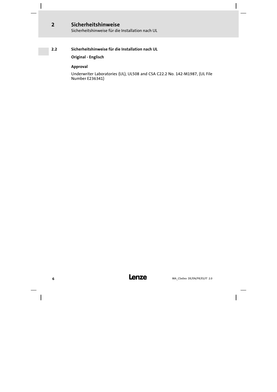 Sicherheitshinweise für die installation nach ul | Lenze CS 9000 DVI Mounting Instructions User Manual | Page 6 / 86