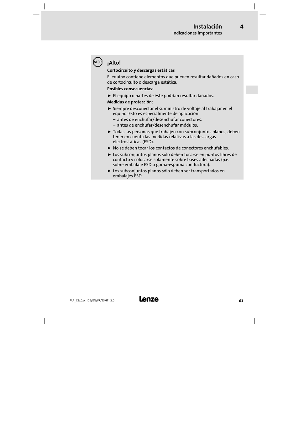 Instalación | Lenze CS 9000 DVI Mounting Instructions User Manual | Page 61 / 86