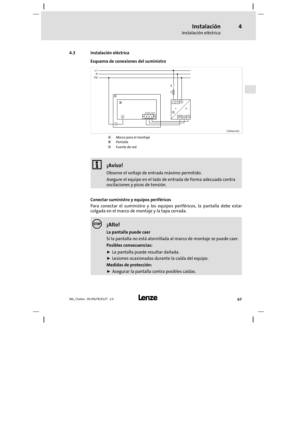 Instalación eléctrica, Instalación, Aviso | Alto | Lenze CS 9000 DVI Mounting Instructions User Manual | Page 67 / 86