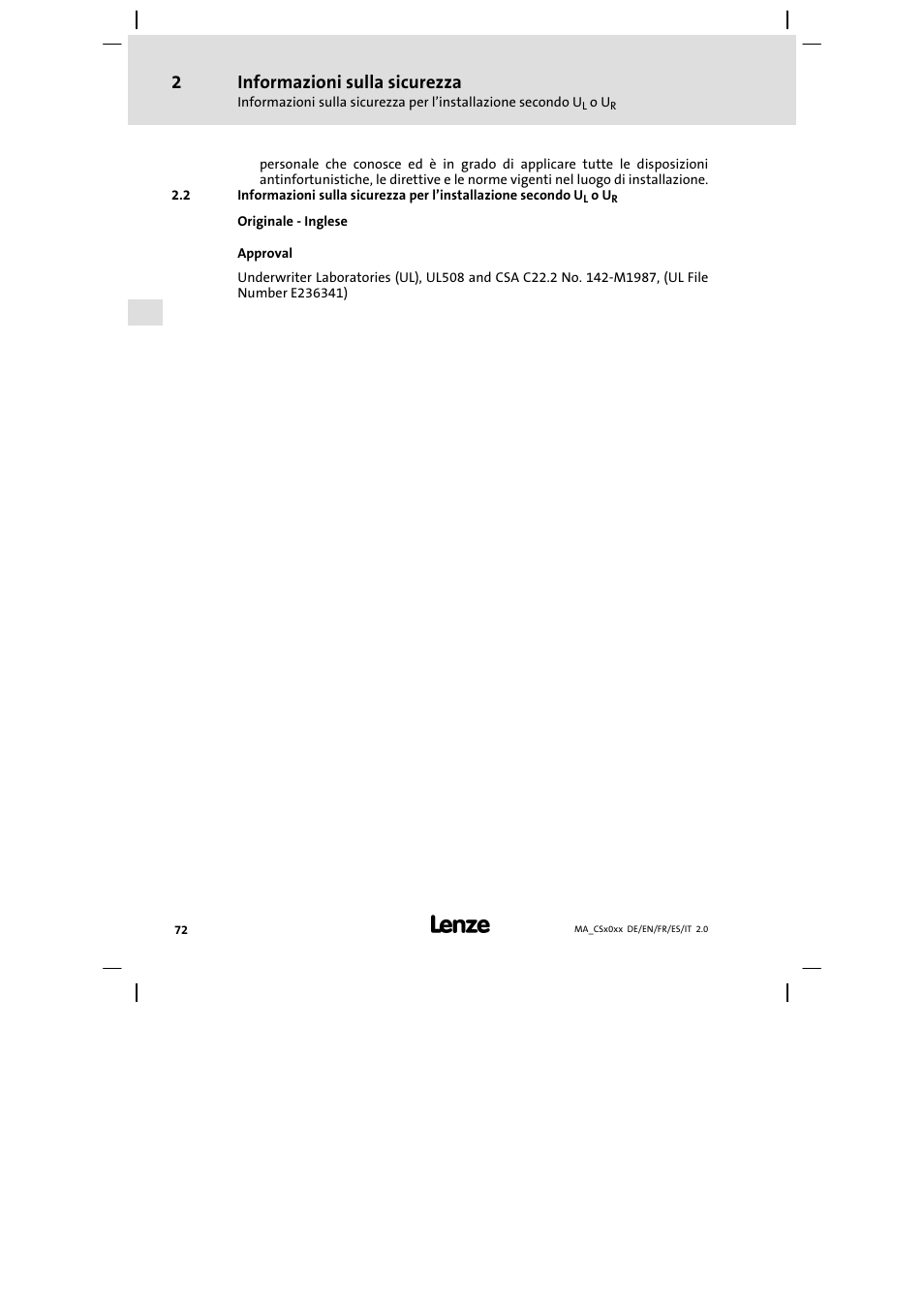 Informazioni sulla sicurezza | Lenze CS 9000 DVI Mounting Instructions User Manual | Page 72 / 86