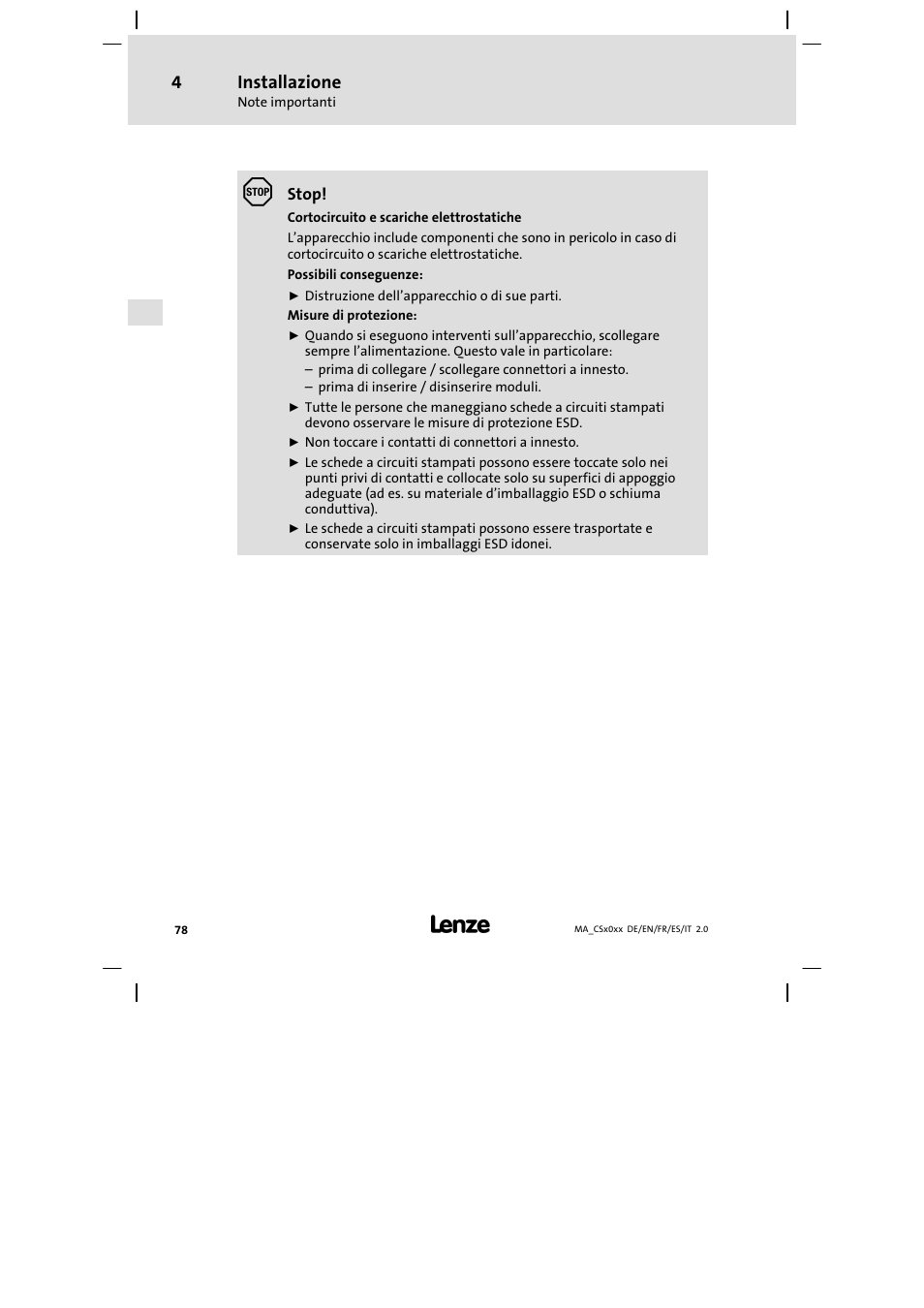 Installazione | Lenze CS 9000 DVI Mounting Instructions User Manual | Page 78 / 86