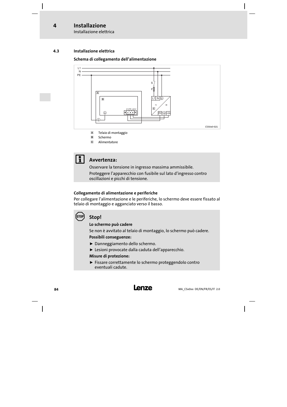 Installazione elettrica, Installazione, Avvertenza | Stop | Lenze CS 9000 DVI Mounting Instructions User Manual | Page 84 / 86