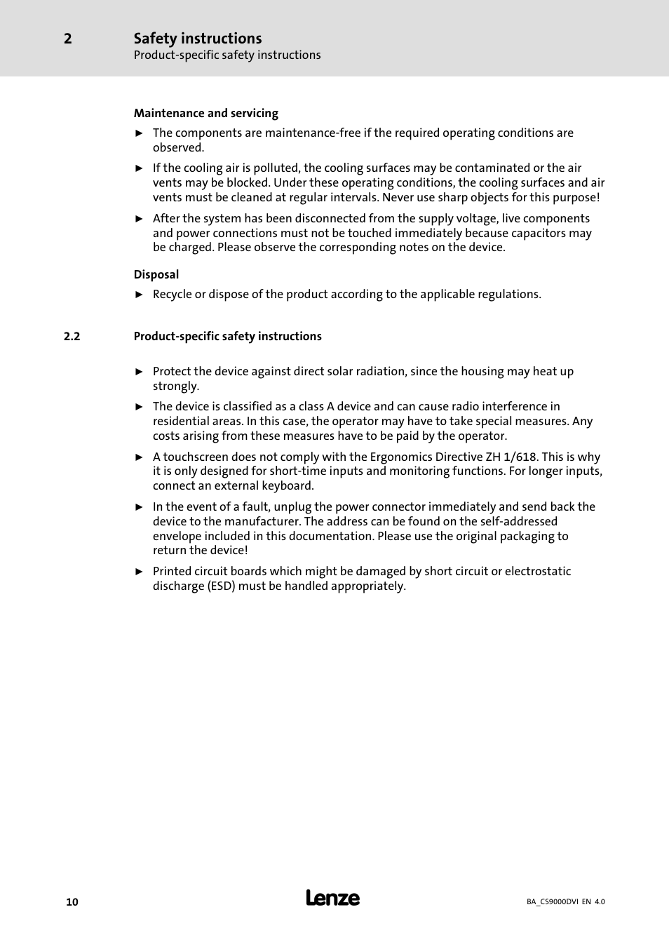 Product-specific safety instructions, Product−specific safety instructions, Safety instructions | Lenze CS 9000 DVI Operating Instructions User Manual | Page 10 / 53