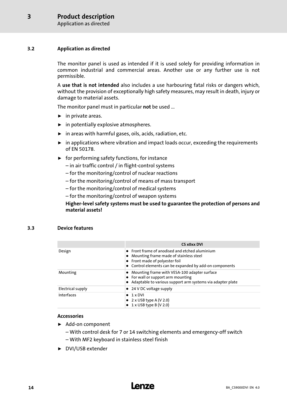 Application as directed, Device features, Product description | Lenze CS 9000 DVI Operating Instructions User Manual | Page 14 / 53