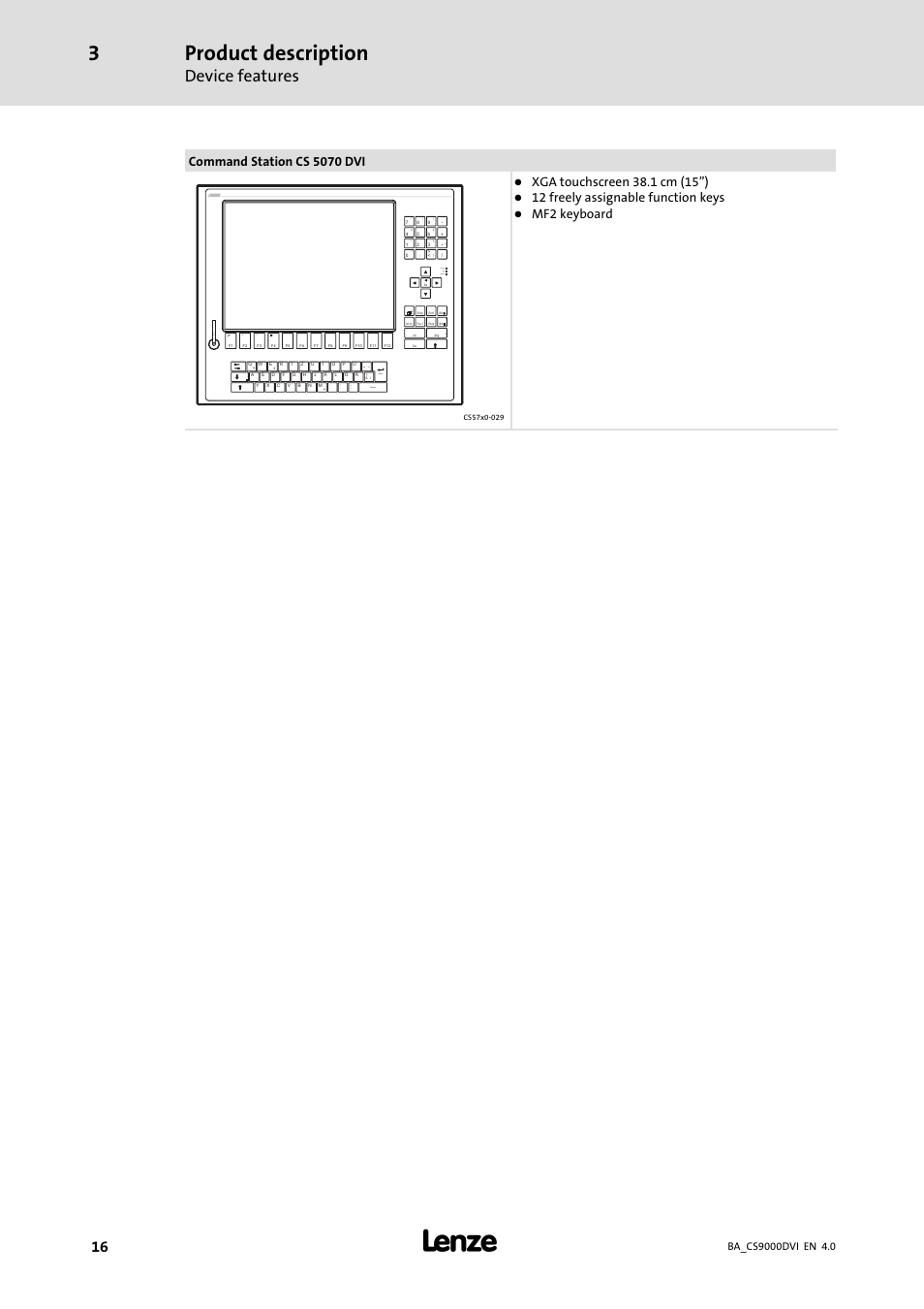 Product description, Device features, Space enter | Fail status power, Command station cs 5070 dvi, 12 freely assignable function keys, Mf2 keyboard | Lenze CS 9000 DVI Operating Instructions User Manual | Page 16 / 53