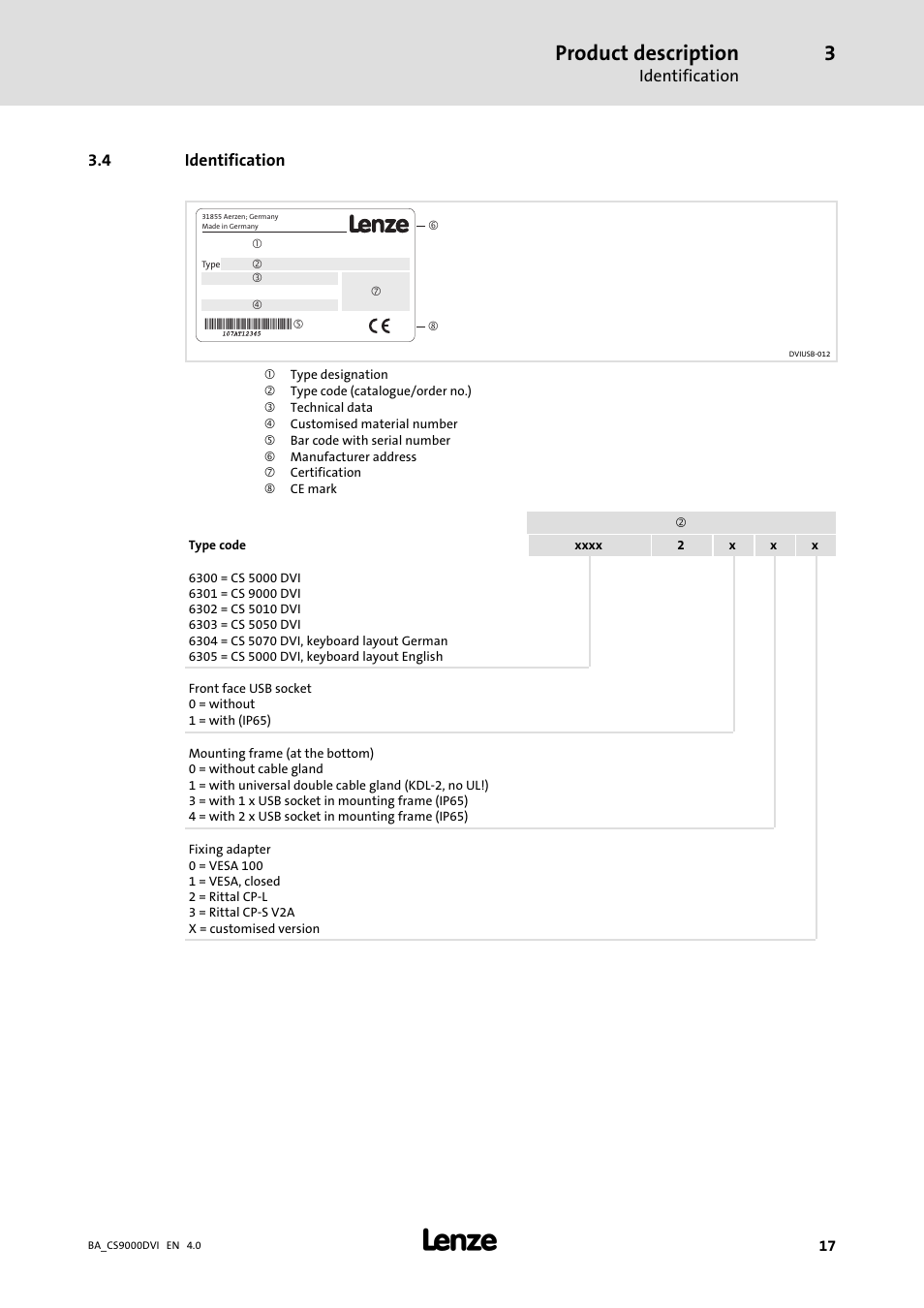 Identification, Product description | Lenze CS 9000 DVI Operating Instructions User Manual | Page 17 / 53