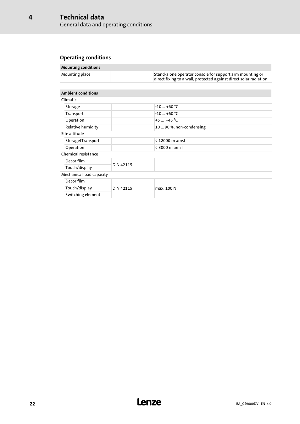 Technical data | Lenze CS 9000 DVI Operating Instructions User Manual | Page 22 / 53