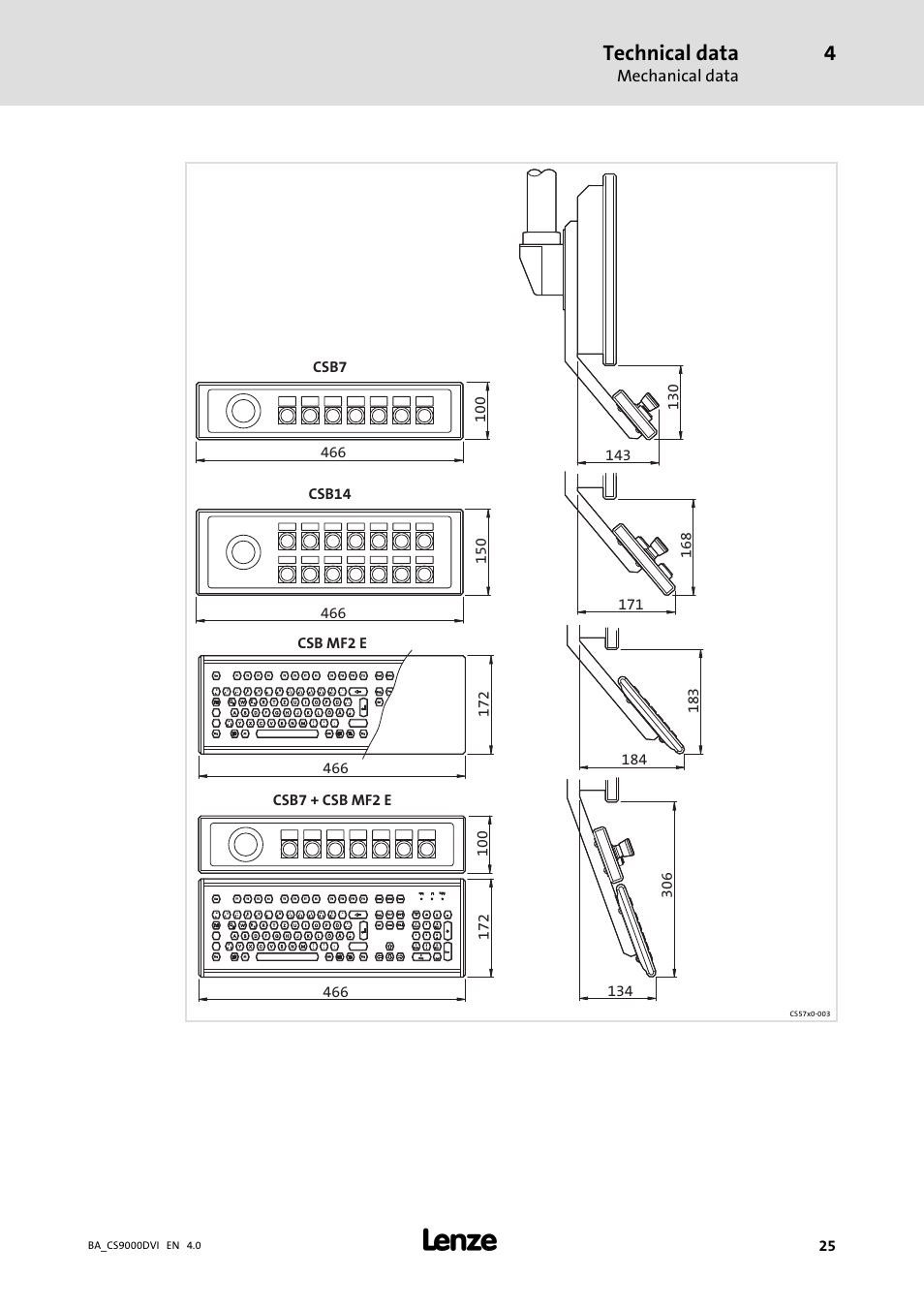 Technical data, Mechanical data | Lenze CS 9000 DVI Operating Instructions User Manual | Page 25 / 53