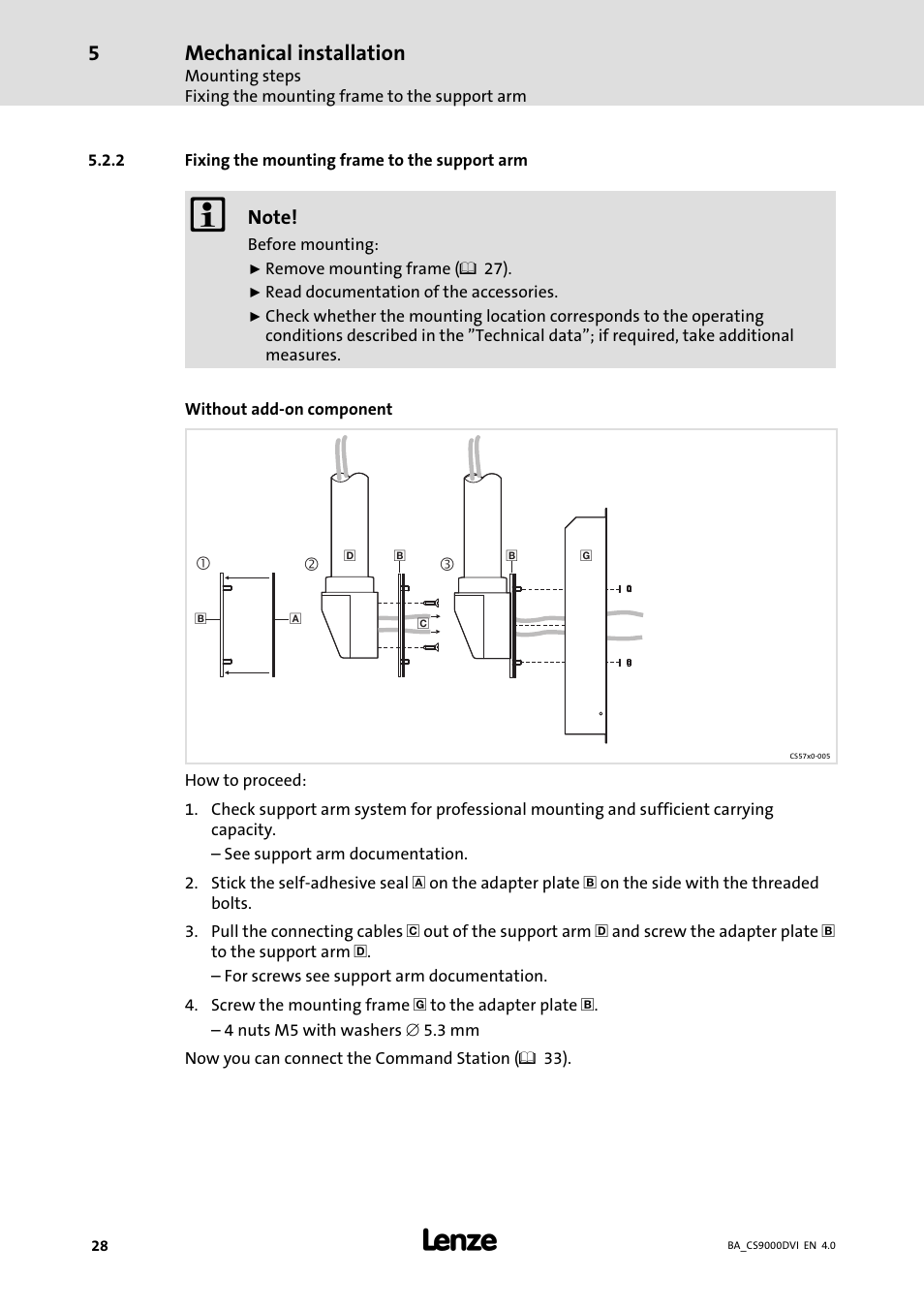 Fixing the mounting frame to the support arm, Mechanical installation | Lenze CS 9000 DVI Operating Instructions User Manual | Page 28 / 53