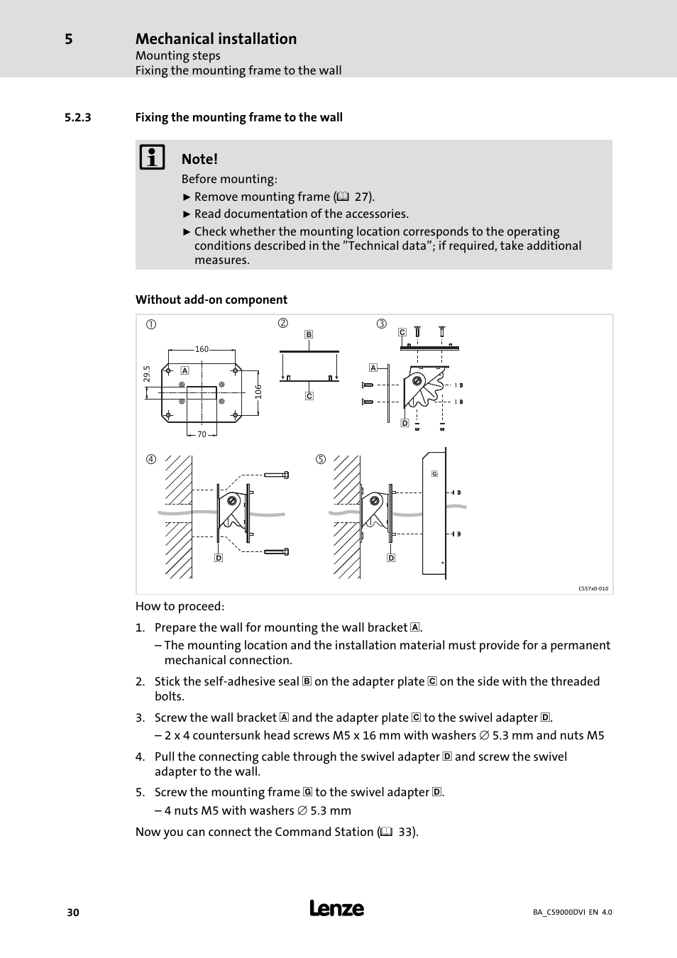 Fixing the mounting frame to the wall, Mechanical installation | Lenze CS 9000 DVI Operating Instructions User Manual | Page 30 / 53